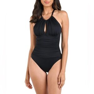 La Blanca Island Goddess High Neck One Piece Swimsuit Black Size 12 NWOT